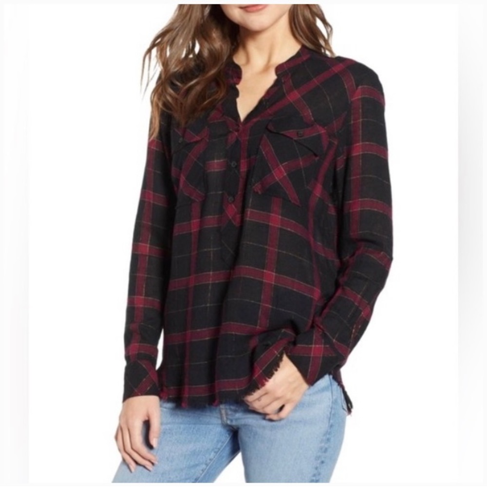 Rails Redding pull over blouse in black wine gold with frayed hem size small